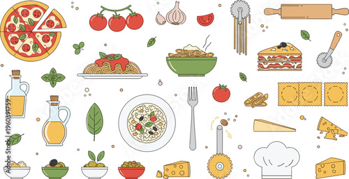 Italian food and cuisine vector elements set with pizza pasta ravioli cheese olive oil tomatoes and chef hat