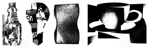 Black and white halftone vector art of stylized bottle, fist, vase, and cup, abstract shapes, graphic design, modern minimalism, isolated foreground elements.