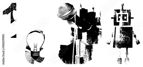 Graphic of innovation symbols lightbulb for ideas, microphone for speech, robot for tech rendered in bold halftone texture, vector cutout style, isolated on transparent background.