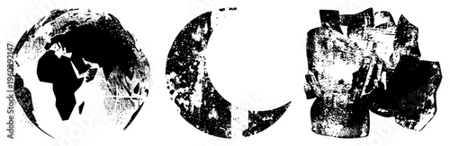 Stylized halftone representations of planet Earth, moon, and crumpled paper, vector art, graphic design elements, digital illustration.