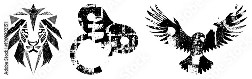 Triptych of stylized animal and symbol rendered in black halftone, geometric, and distressed textures. Lion head, yin yang, and eagle in vector art style.