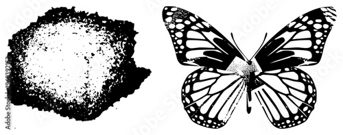 Monarch butterfly vector design with halftone, ink blot texture, graphic art, isolated silhouette, stylized wings, black and white illustration, decorative motif.
