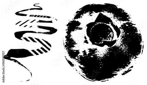 Bold ink blot with textured strokes, stylized smoke swirls, graphic vector design, artistic brushwork, aesthetic.