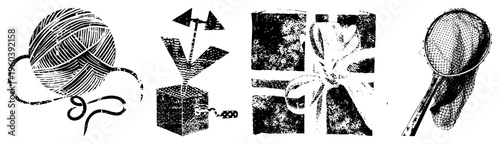 Hand drawn vector yarn skein, weather vane, wrapped gift, fishing net. Halftone texture, isolated flat design,, craft & outdoor tools.