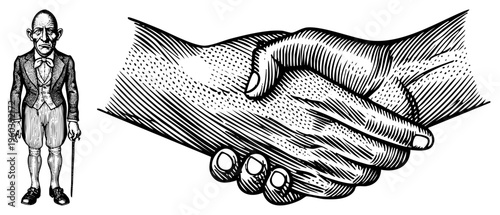 Elderly gentleman in bowtie and shorts holding cane, vintage handshake graphic, retro illustration, business agreement, formal greeting, old fashioned greeting, handshaking.