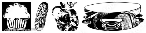 Vintage halftone food with distressed texture, cupcake with frosting, pickle spear, pitcher, layered sandwich, stylized food graphics.
