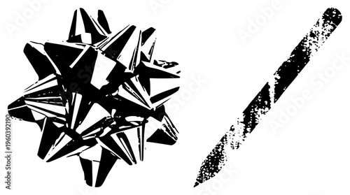 Graphic design elements featuring a bow and textured pen, ideal for creative branding or use. Gift bow, ribbon ornament, writing tool, artistic brush.