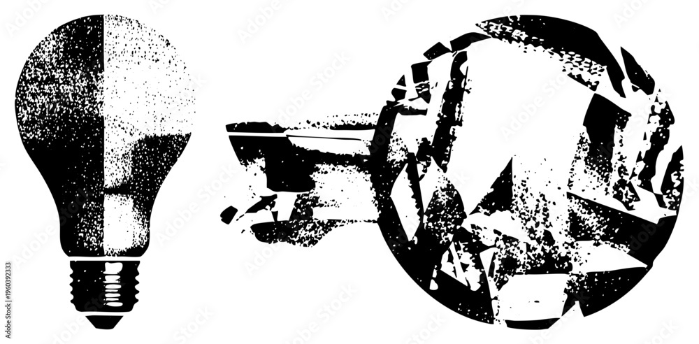 Obraz premium Fractured lightbulb and shattered globe, conceptual art, broken innovation, idea failure, creative disruption, halftone texture, vector graphic.