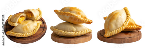 Various empanadas on wooden plates pastry golden baked food isolated on a transparent background