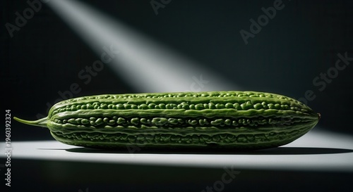 A Single Bitter Gourd Vegetable Dramatic Lighting Against Dark Background