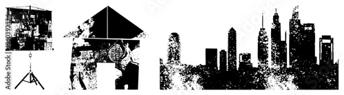 Black and white vector silhouettes of projector, house, and urban with gritty texture, graphic design elements, urban architecture, vintage aesthetic, stylized.