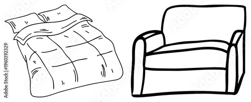 Hand drawn bed with quilted comforter and pillows beside a classic armchair, simple sketch, bedroom essentials, cozy interior, black vector.