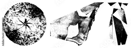 Stylized circular, organic, and angular shapes rendered in halftone dots, vector art, graphic design elements, composition.