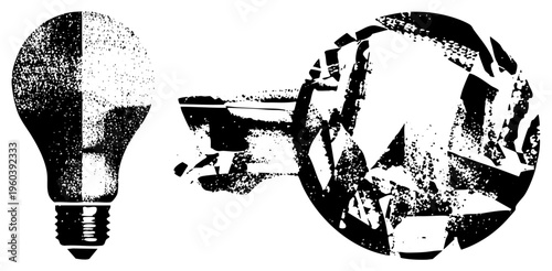 Fractured lightbulb and shattered globe, conceptual art, broken innovation, idea failure, creative disruption, halftone texture, vector graphic.