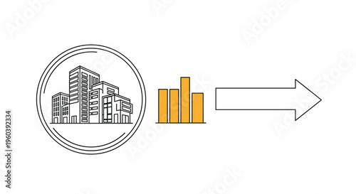 Real estate market growth and business expansion are represented by city buildings, statistical bar charts, and a forward arrow symbol.