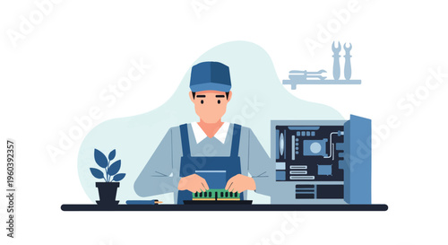 PC Technician Installing RAM and SSD While Assembling Computer in Workspace