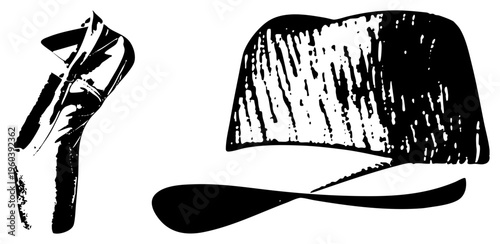 Painter’s brush with bristles, palette knife for mixing paint, artistic tools, studio equipment, black and white graphic, artist supplies.