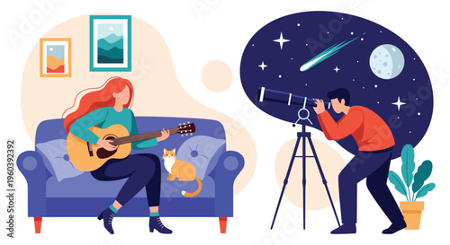 Creative indoor hobbies are depicted as a woman plays guitar with her cat while a man observes a comet through a telescope at night.