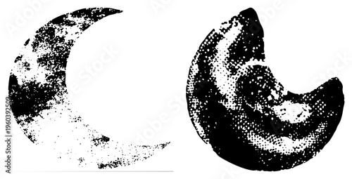 Two stylized moons rendered in halftone dot, vintage distressed texture, graphic design element, black and white vector art, celestial symbol.