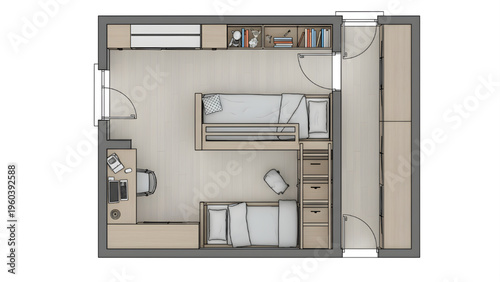 Children Bedroom Architectural Floor Plan with Bunk Bed Study Desk and Storage Layout, Kids Room Interior Design Blueprint