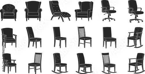 Furniture chair silhouettes vector set with office armchairs rocking chairs and dining seating elements for interior design projects