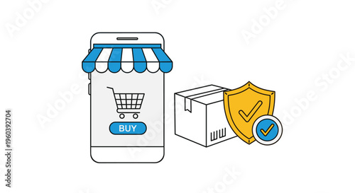 Secure mobile shopping experience is depicted with a smartphone storefront, a shipping package, and a verified protection shield icon.