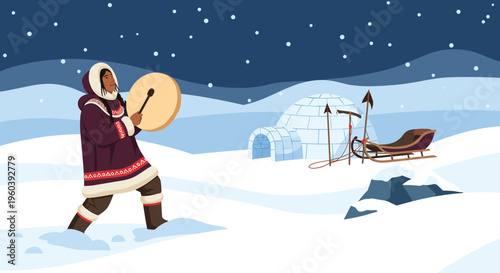 Traditional Inuit culture is celebrated as a person in parkas plays a frame drum in a snowy landscape with an igloo and a dog sled.