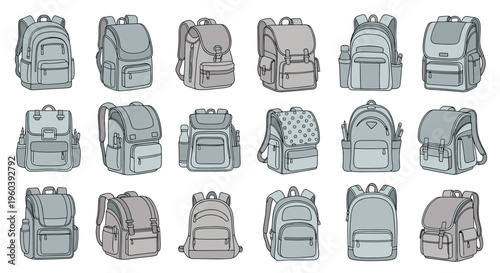 Diverse collection of backpack styles and designs is presented in a monochromatic grid for travel and school equipment selection.