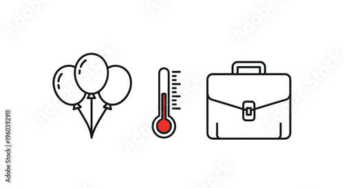 Diverse business and event concepts are represented by icons of celebratory balloons, a thermometer, and a professional briefcase.