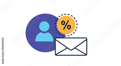 Customer loyalty and discount notifications are symbolized by a person icon, a percentage sign, and a mail envelope.