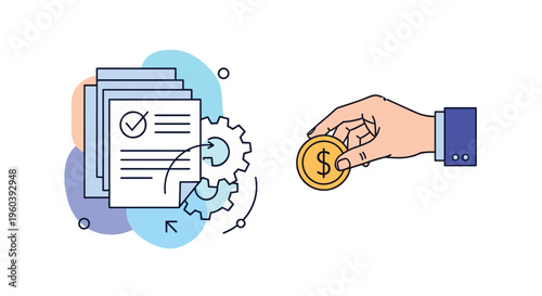 Financial processing and document verification are illustrated with checked papers, mechanical gears, and a hand holding a coin.