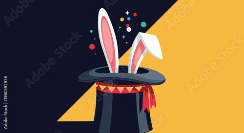 Classic magic trick of rabbit ears appearing from a black top hat is depicted against a split dark and yellow background.
