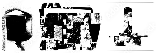 Stylized black and white vector shapes with halftone textures, fragmented geometry, graphic design elements, digital art composition, isolated vector cutouts.