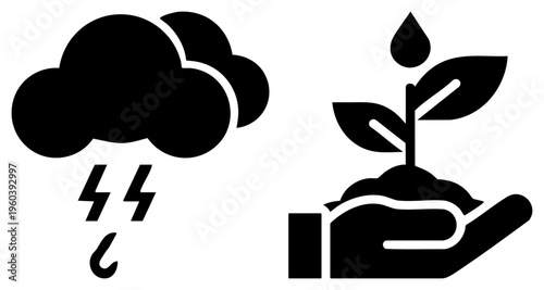 Weather with lightning bolts, eco friendly growth symbol, hand nurturing seedling, sustainability theme, nature conservation graphic.