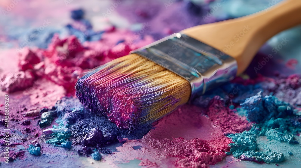 Fototapeta premium Close up of a paintbrush with colorful powder pigments.