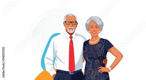 Happy senior couple exudes health and confidence while standing together in stylish attire against a simple graphic background.
