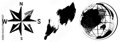 Navigational compass with cardinal points, abstract landmass, globe with grid vector cartographic symbols for global orientation and mapping.