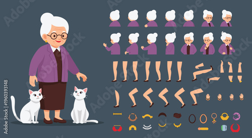 Character design sheet for an elderly woman includes various poses, facial expressions, and pets to facilitate animation and storytelling.