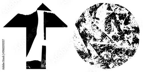 Two stylized abstract forms angular arrow like figure and textured circular emblem. Minimalist vector art with high contrast design, modern graphic elements.