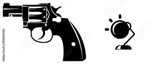 Silhouette of revolver handgun and desk lamp, minimalist vector, flat design, black, isolated graphics, symbolic.