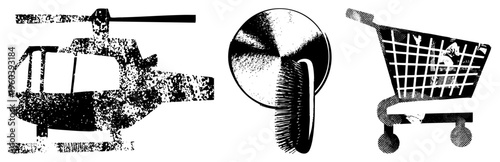 Three stylized helicopter, hairbrush, shopping cart rendered in halftone dot, vector graphics,, isolated symbols for design use.