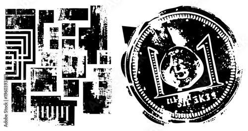 Bold black and white stenciled shapes with grunge texture, distressed coin emblem featuring “1” and Cyrillic text, halftone grit, graphic vector art.