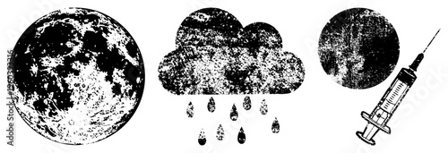 Celestial moon, cloud with raindrops, medical syringe, black and white halftone style, isolated graphic elements.