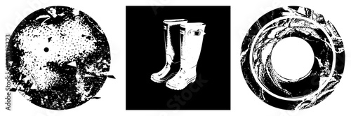 Black and white vector halftone circles with shattered fragments, abstract geometric shapes, isolated graphic elements, stylized radial, vector art.