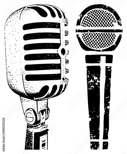 Classic broadcast microphones with grille and stand, retro vocal recording gear, old school equipment, vintage mic design, black and white vector art.