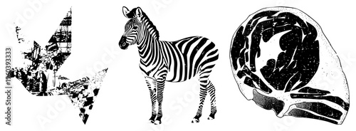 Black and white vector illustrations zebra with striped, stylized lightning bolt, and steak cutout, all in halftone texture, isolated foreground elements.