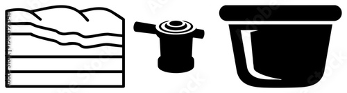 Dessert cake with cream layers, pastry, coffee pot, beverage, sweet treat, dessert graphic, flat vector design.