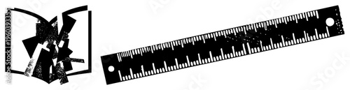 Vector illustration of an open book with fragmented pages beside a diagonal ruler, both in black and white, halftone texture, educational or design concept.