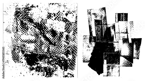 Stylized black and white abstract forms using halftone dots, graphic composition, vector art, modern minimalism, artistic fragmentation.