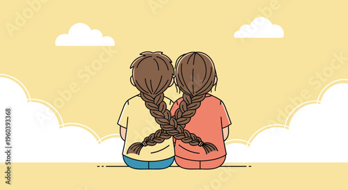 Deep friendship and bonding are symbolized by two young girls with intertwined hair braids sitting together under a cloudy sky.